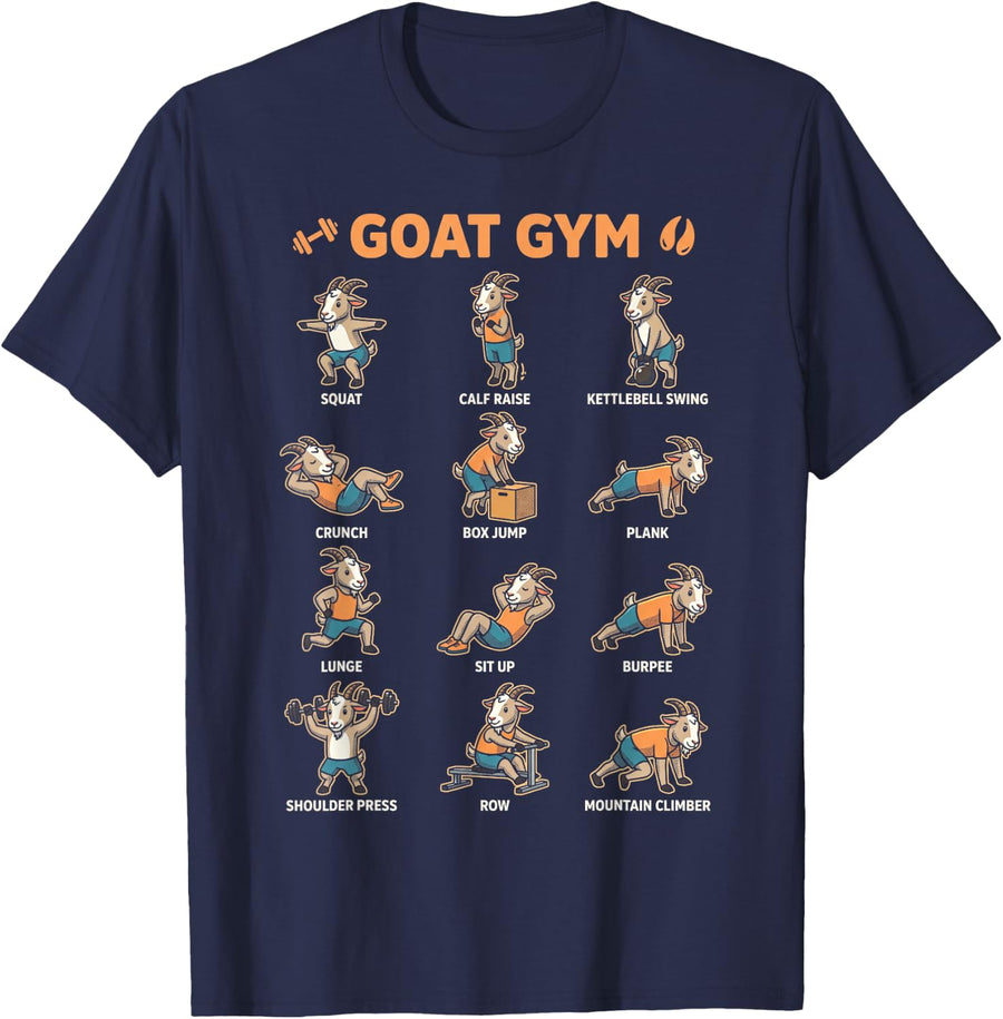 Goat Gym Comic Poses Cute Funny Animal Chart T-Shirt - Navy Blue