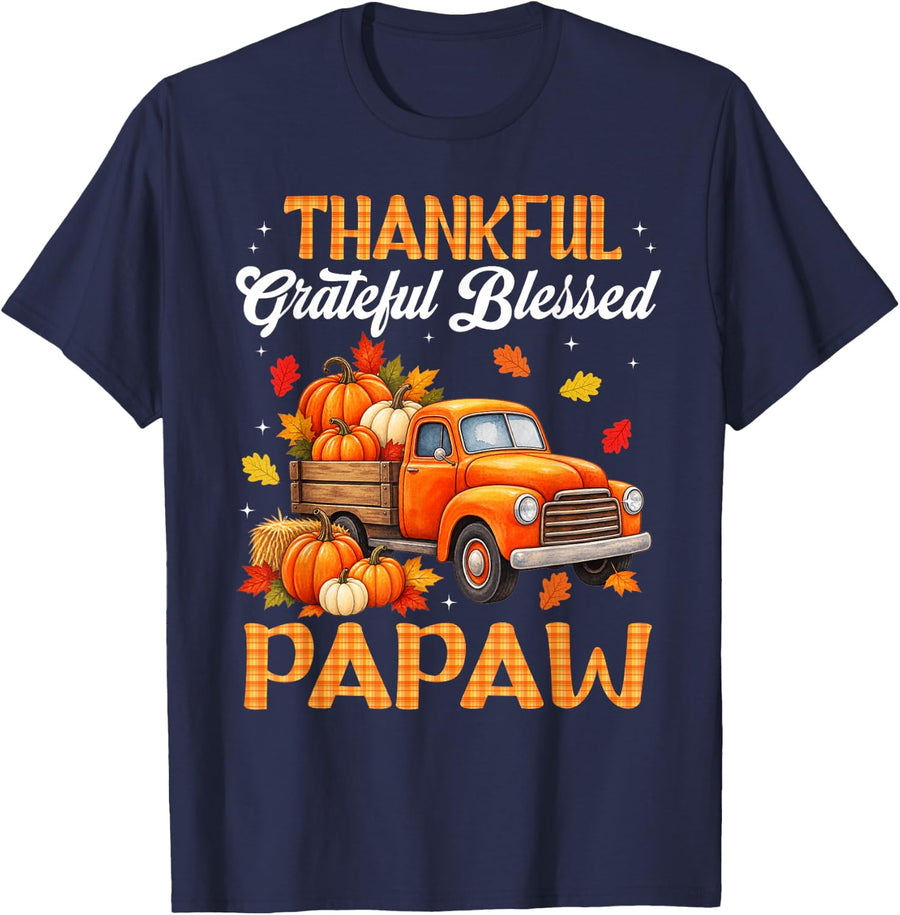 Thankful Grateful Blessed Papaw Pumpkin Truck T-Shirt - Navy Blue