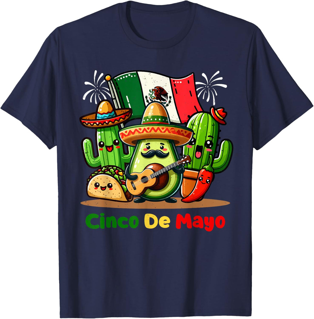 Avocado Cactus Mariachi Cinco De Mayo Taco Mexican Fiesta T-Shirt - Navy Blue