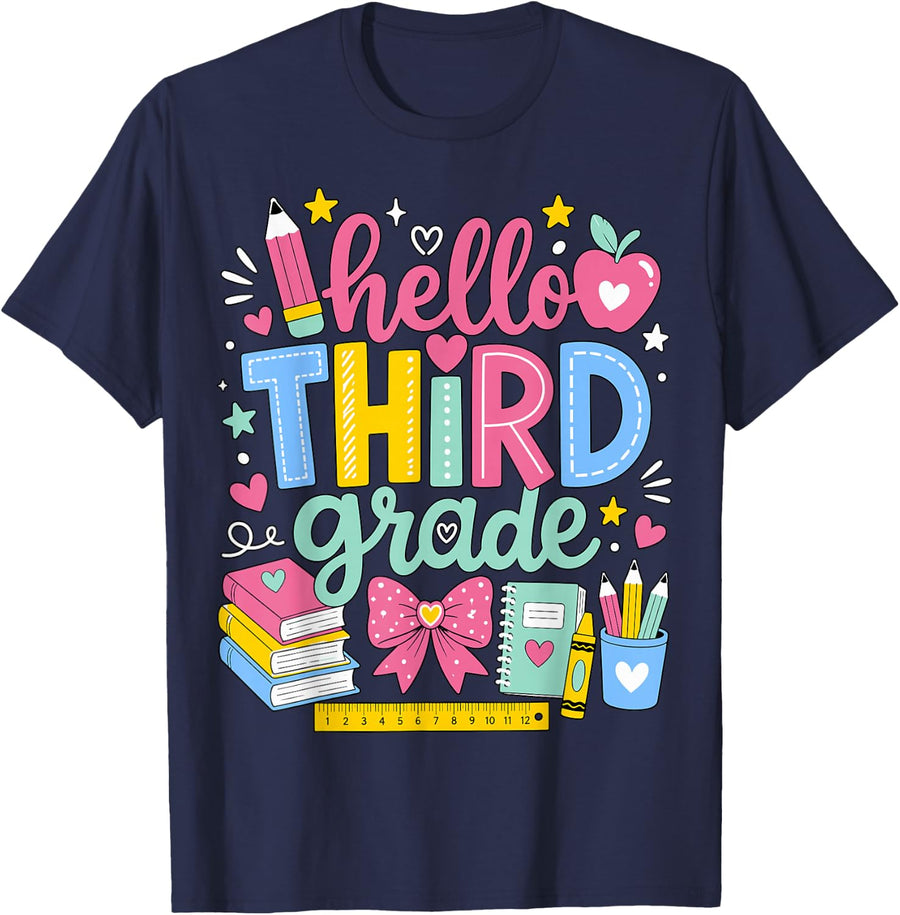 Hello Third Grade School Supplies T-Shirt - Navy Blue