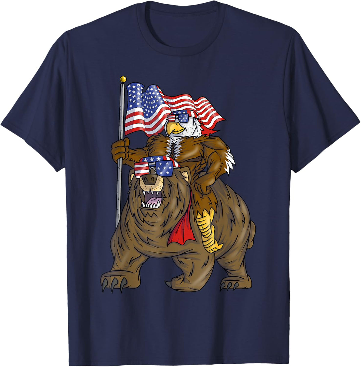 4th of July Boys Proud American Bald Eagle Bear T-Shirt - Navy Blue