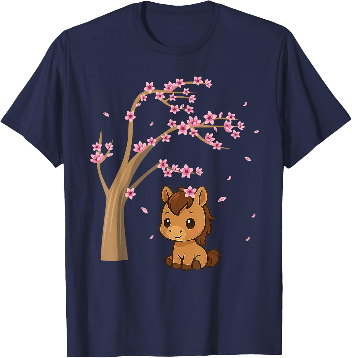 Lunar New Year Horse Japanese Cherry Blossom Sakura Flower T-Shirt - Navy Blue