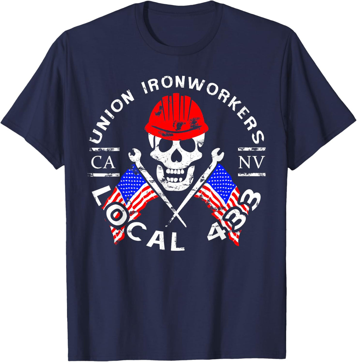 Union Ironworkers Local 433 American Flag Spud Hard Hat T-Shirt - Navy Blue