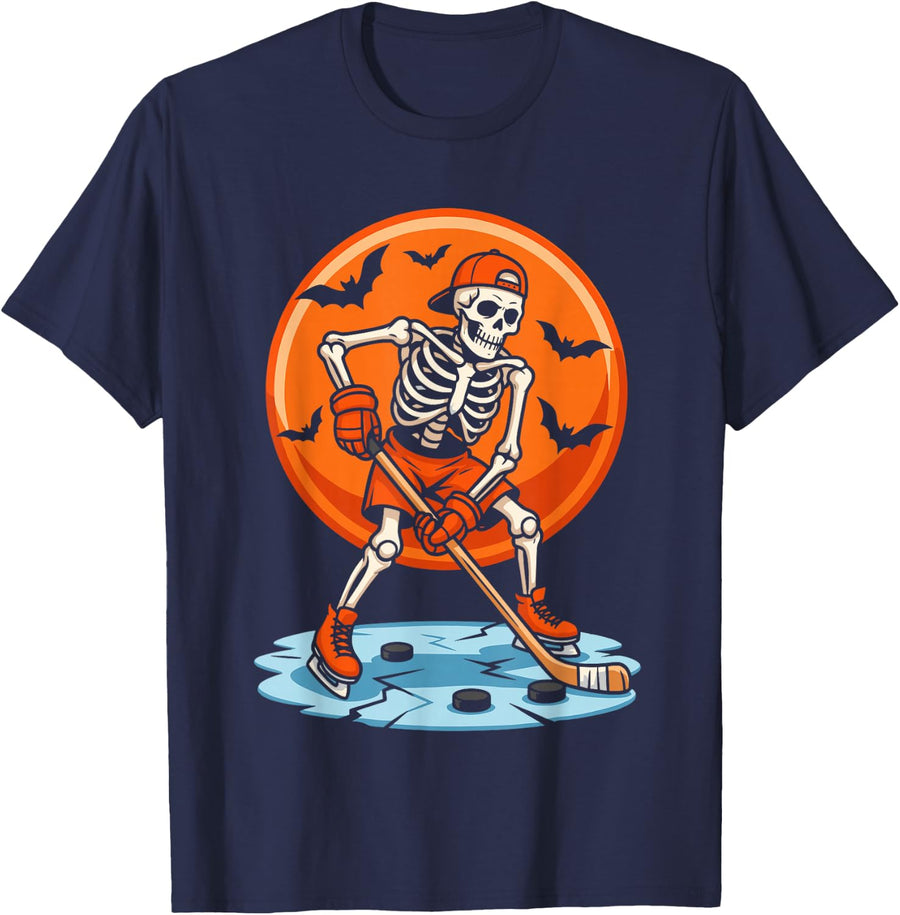 Halloween Skeleton Ice Hockey Spooky Hockey Player T-Shirt - Navy Blue
