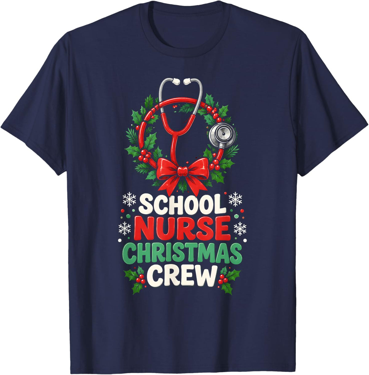 School Nurse Christmas Crew Holiday Stethoscope Wreath T-Shirt - Navy Blue