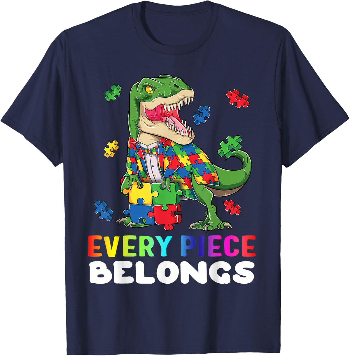 T rex Dinosaur Puzzle Piece Autism Awareness Boys Kids Gift T-Shirt - Navy Blue
