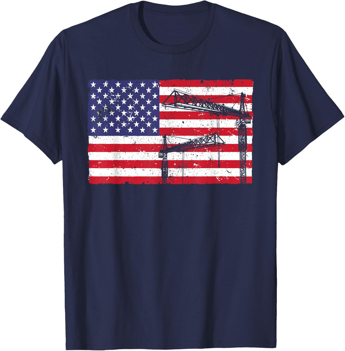Funny Crane Operator For Men Women Heavy Tower Crane US Flag T-Shirt - Navy Blue