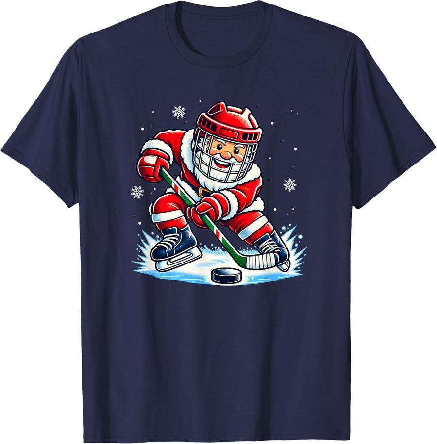 Christmas Ice Hockey Santa Hockey Player Funny Sports T-Shirt - Navy Blue