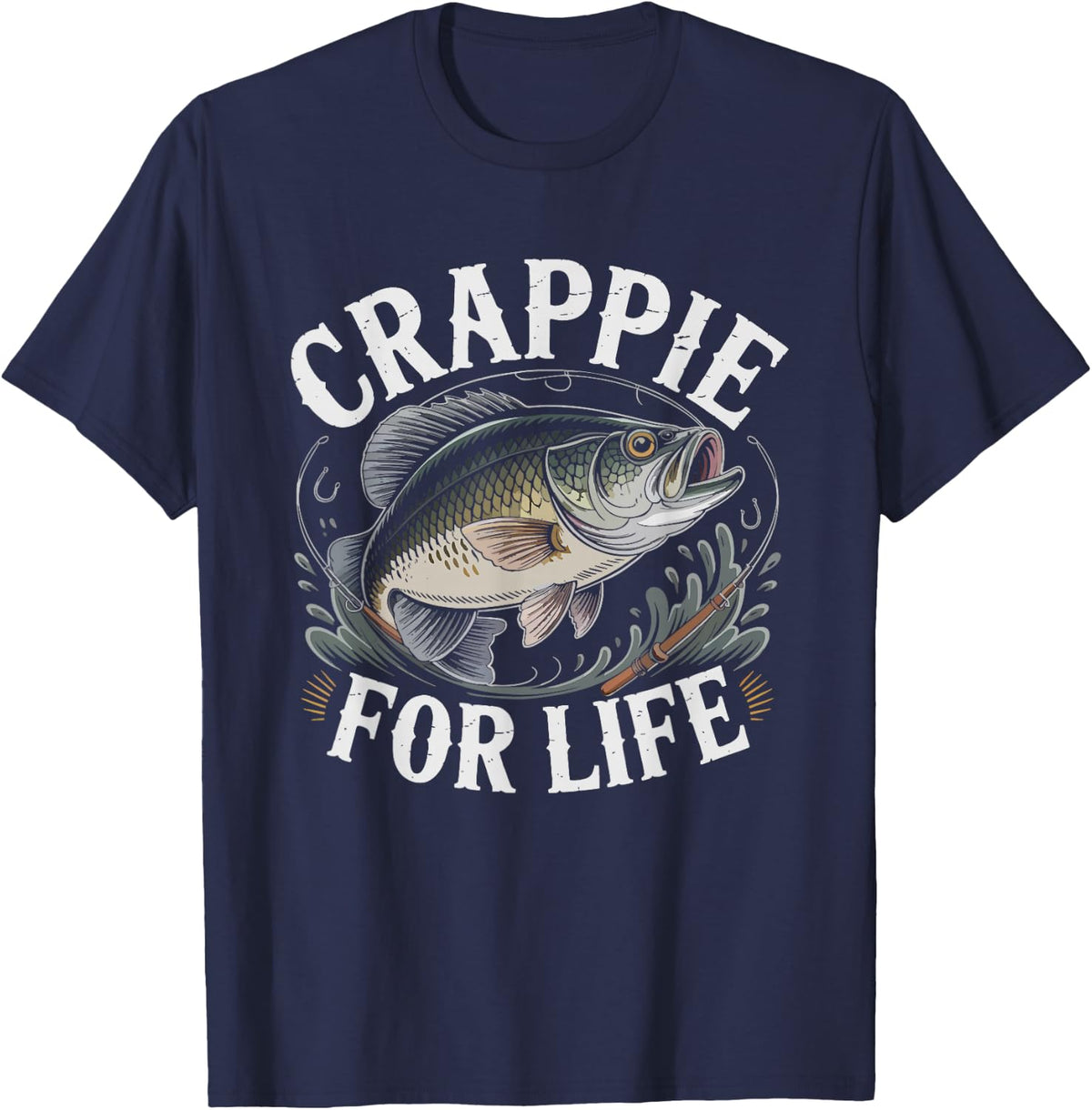 Crappie Fish Jumping Lake Dock Scene Freshwater Angler T-Shirt - Navy Blue