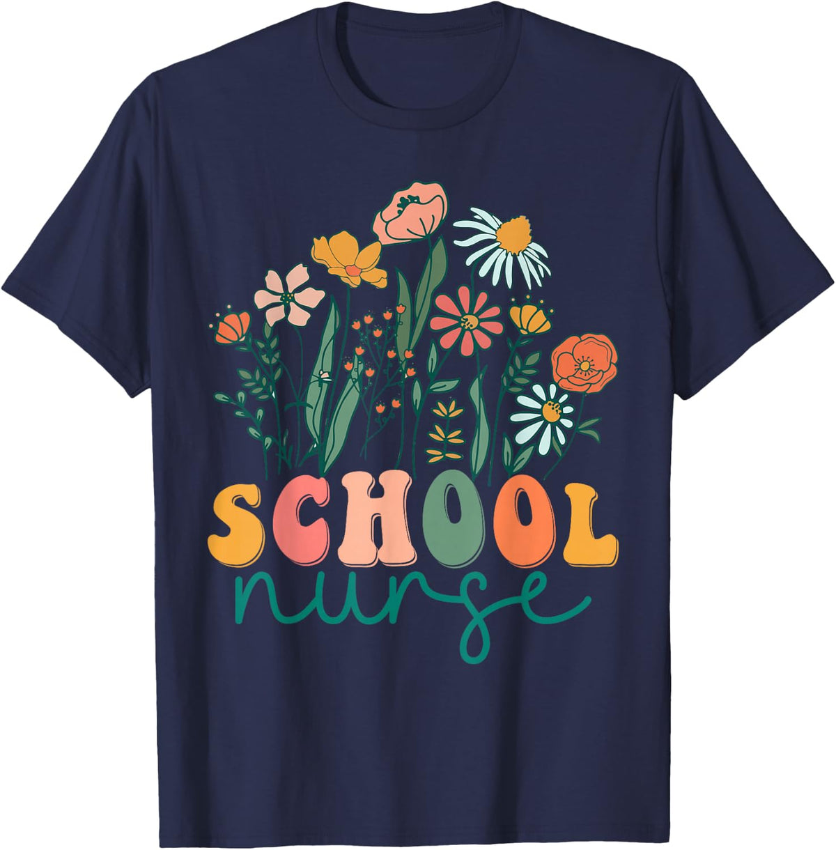 Groovy Wildflower School Nurse Tees T-Shirt - Navy Blue