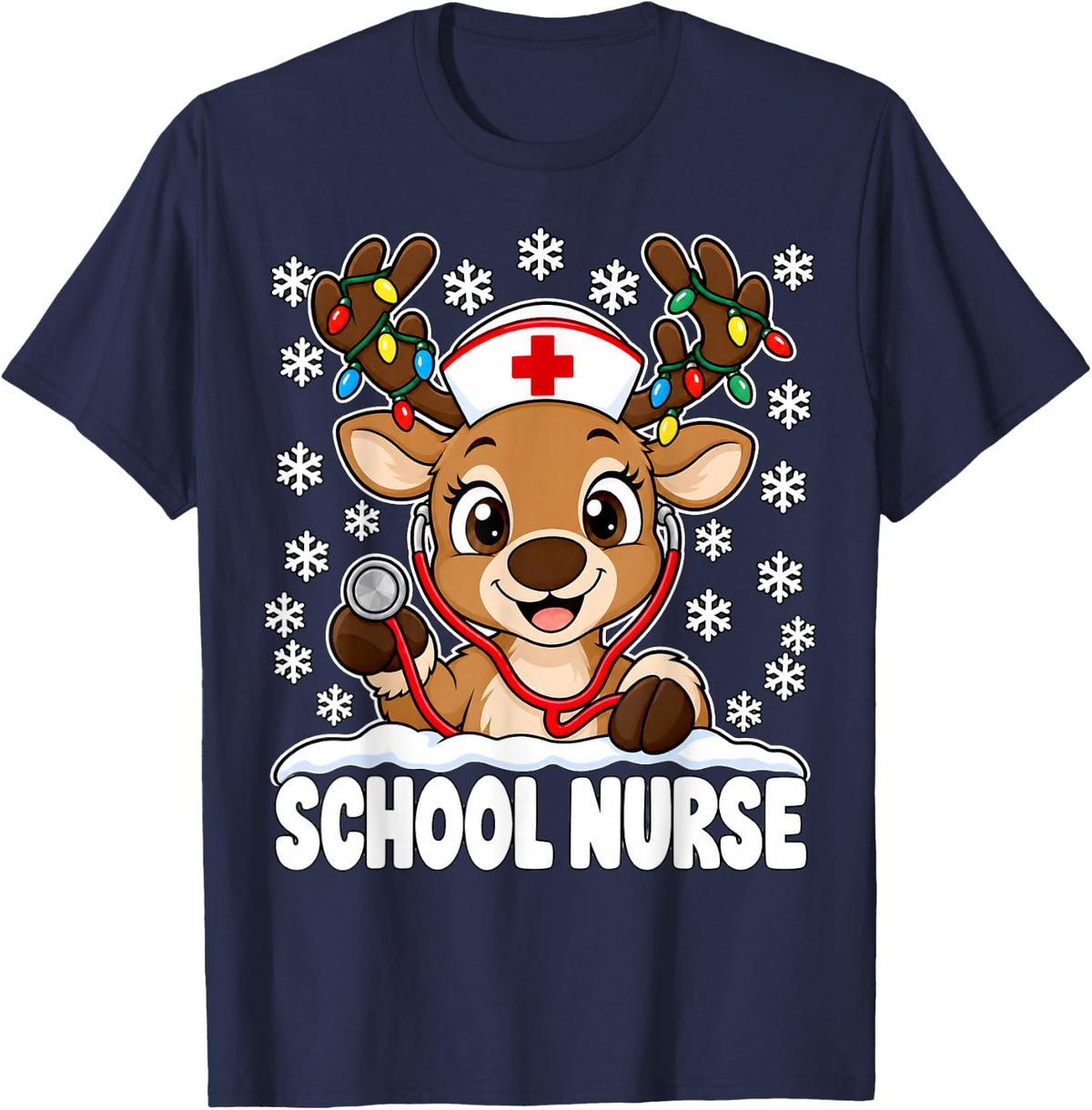 School Nurse Reindeer Christmas Stethoscope Xmas T-Shirt - Navy Blue