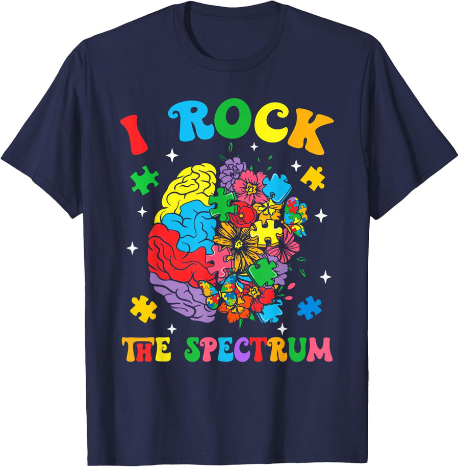 Autism Floral Brain I Rock The Spectrum Awareness Boy Girl T-Shirt - Navy Blue