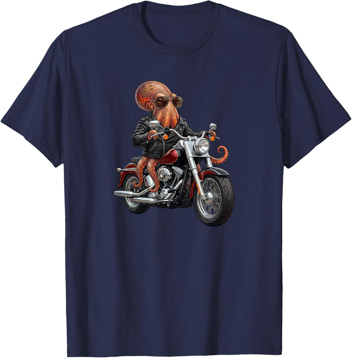 Funny Octopus Motorcycle Biker Cool Graphic T-Shirt - Navy Blue