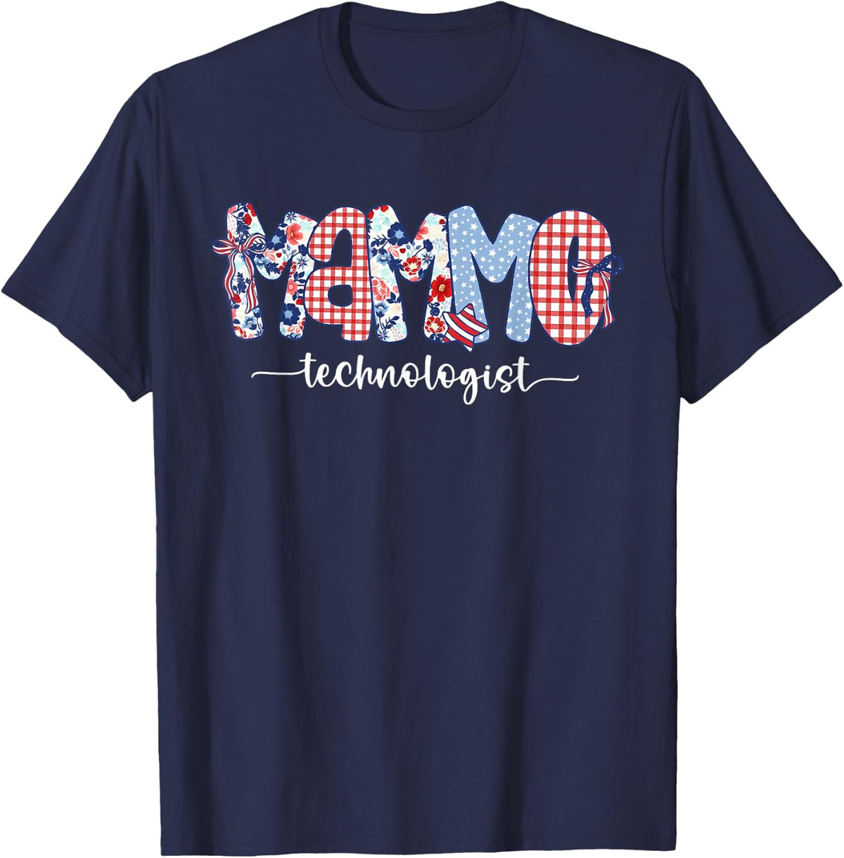 Patriotic Mammo Technologist Floral Red White Blue 4th July T-Shirt - Navy Blue