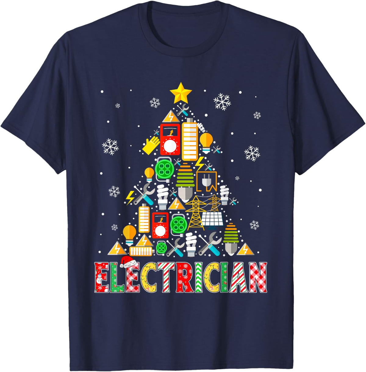 Electrician Christmas Tree Funny Matching Men Women Kids T-Shirt - Navy Blue