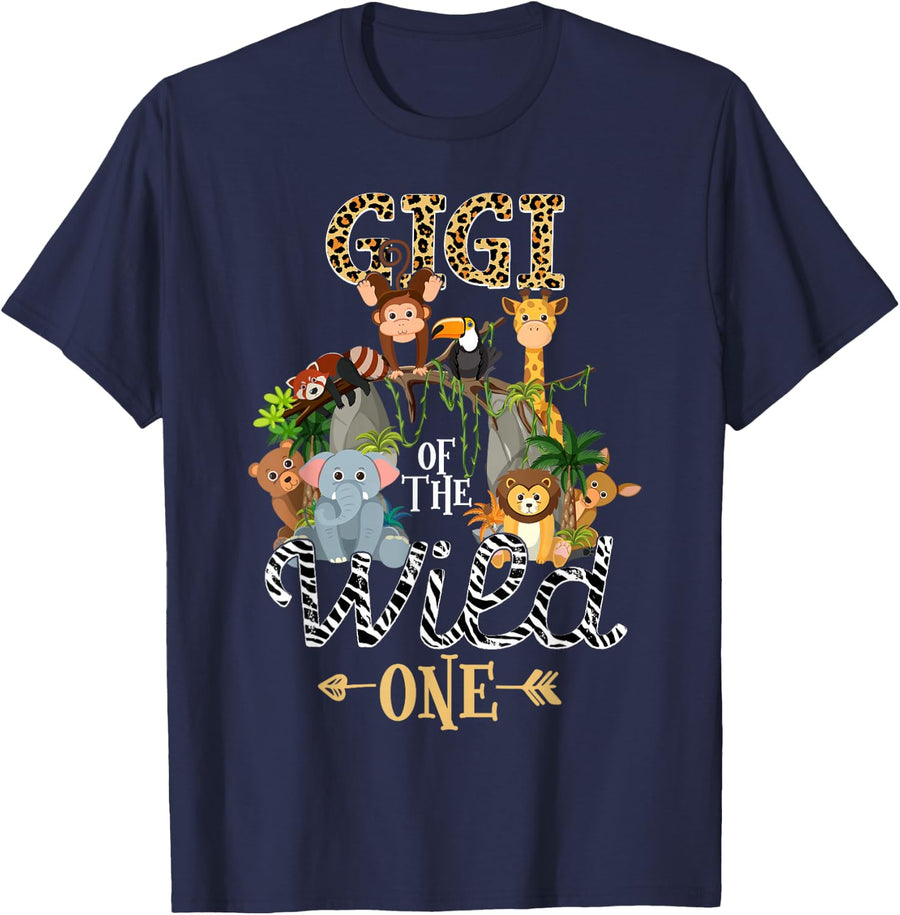 Gigi of the Wild One Zoo Birthday Woodland Animals T-Shirt - Navy Blue