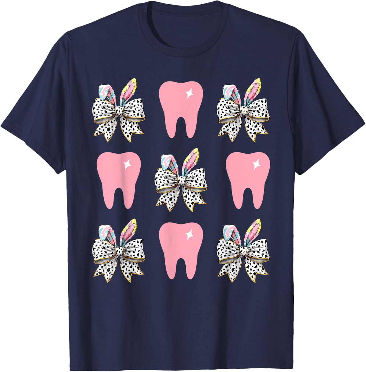 Dental Hygienist Tooth Coquette Bow Bunny Easter Dentist T-Shirt - Navy Blue