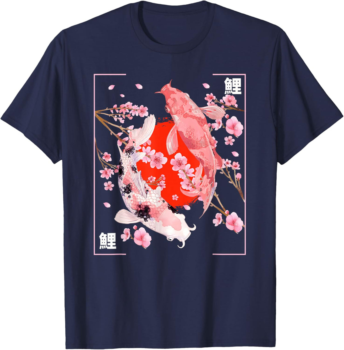 Japanese Cherry Blossom Koi Carp Fish Sakura Aesthetic Art Tees T-Shirts for Men and Women - Navy Blue