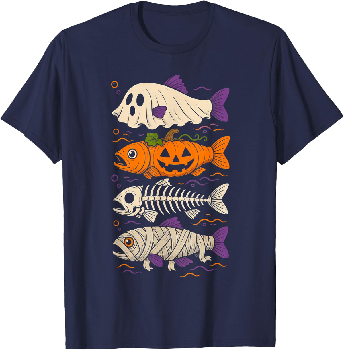 Trout Fish Ghost Pumpkin Skeleton Mummy Halloween Season T-Shirt - Navy Blue