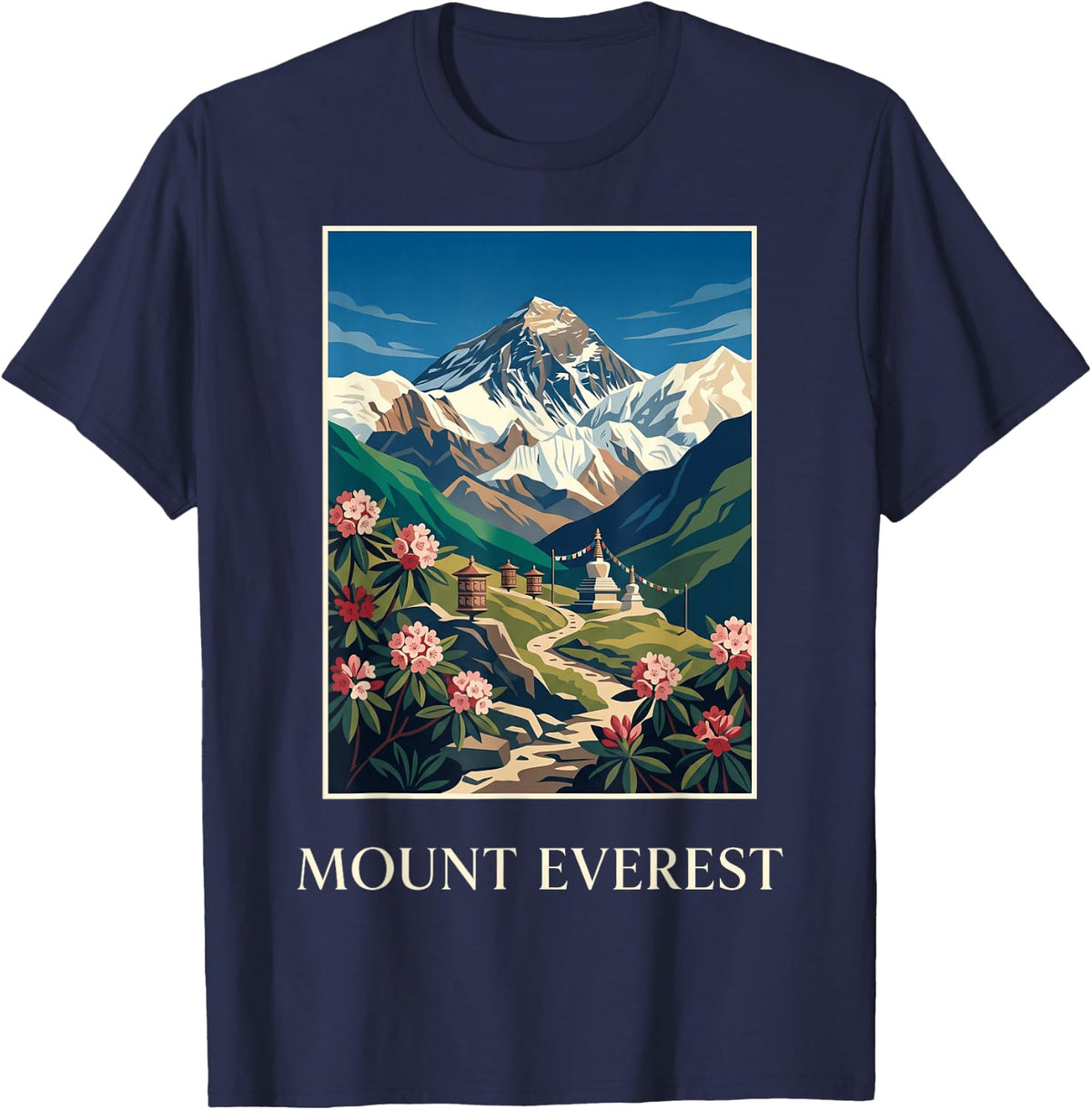 Mount Everest Himalayan Peak Scenic Travel Illustration T-Shirt - Navy Blue