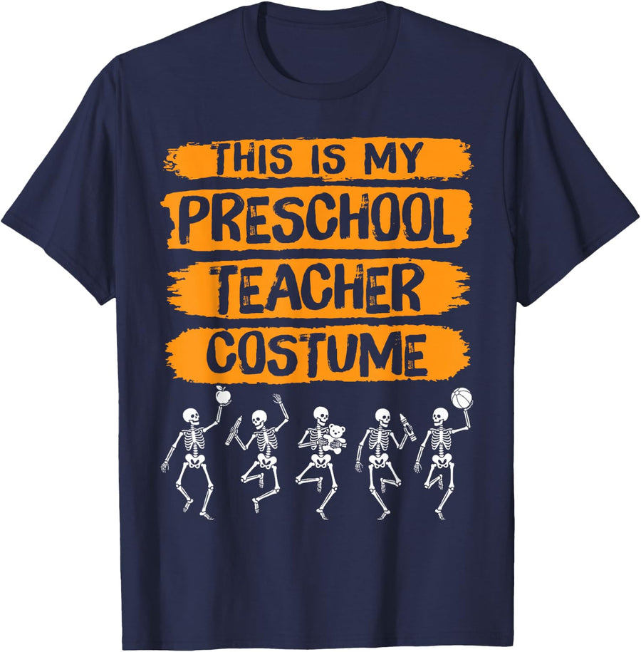 This is My Preschool Teacher Costume Halloween Skeletons Kid T-Shirt - Navy Blue