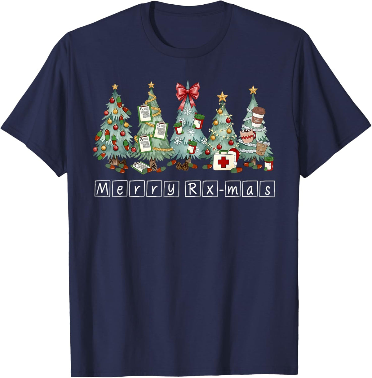 Merry Rx-mas Pharmacy Christmas Tree Pharmacist Technician T-Shirt - Navy Blue
