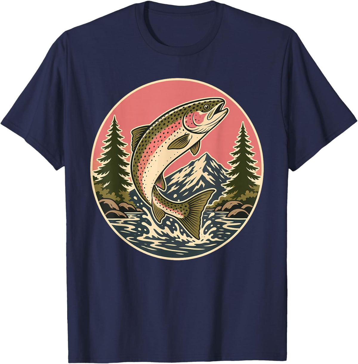 Rainbow Trout Fishing Mountain Stream T-Shirt - Navy Blue