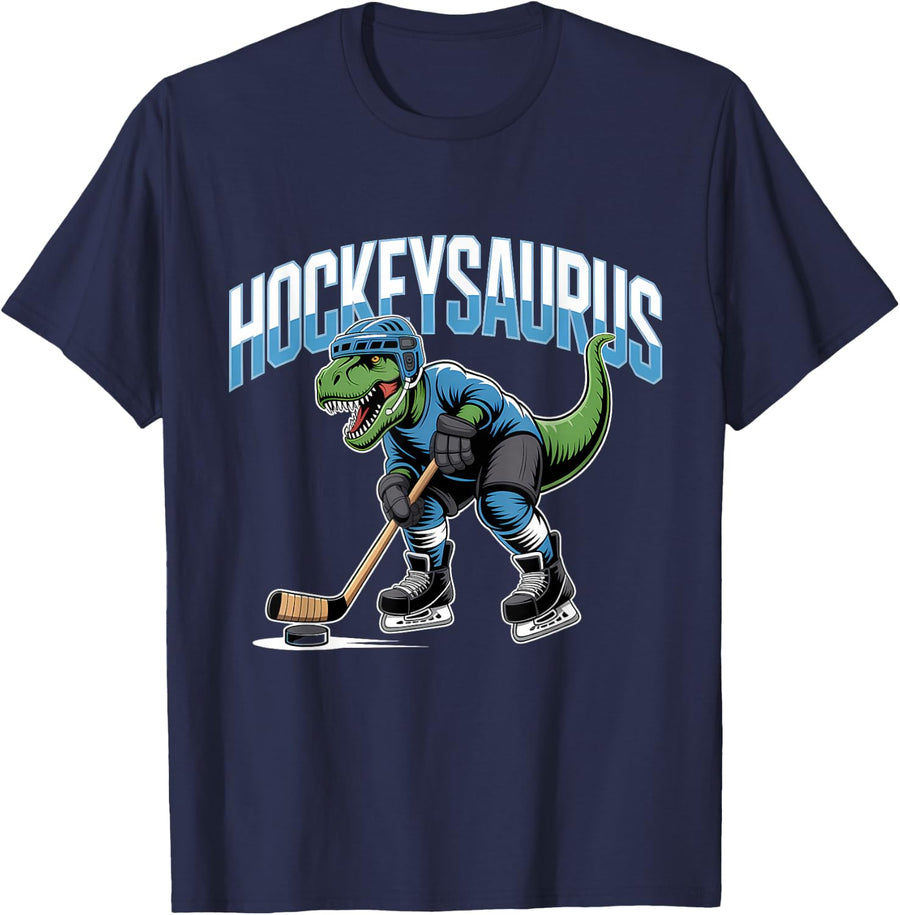 Hockeysaurus Funny Dinosaur Dino Ice Hockey T-Rex T-Shirt - Navy Blue