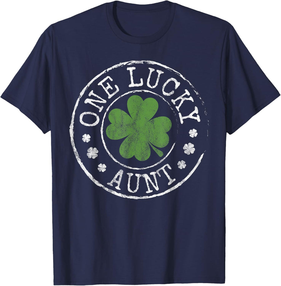One Lucky Aunt Funny Sister Irish Shamrocks St Patrick's Day T-Shirt - Navy Blue