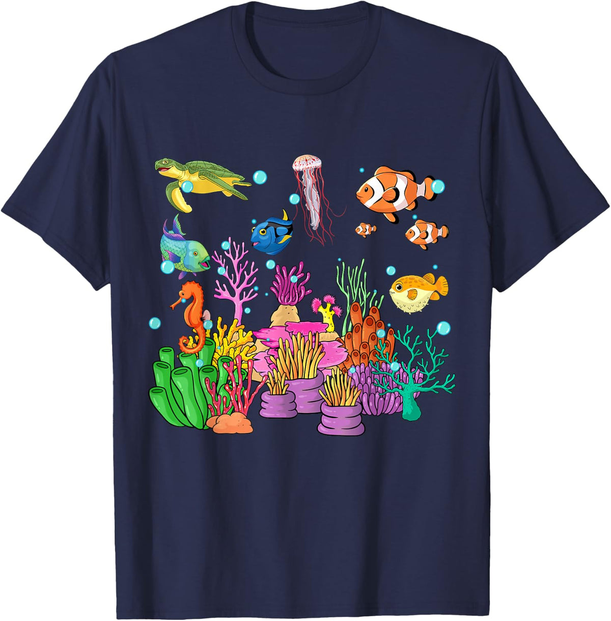 Coral reef with colorful tropical Fish, Marine Life T-Shirt - Navy Blue