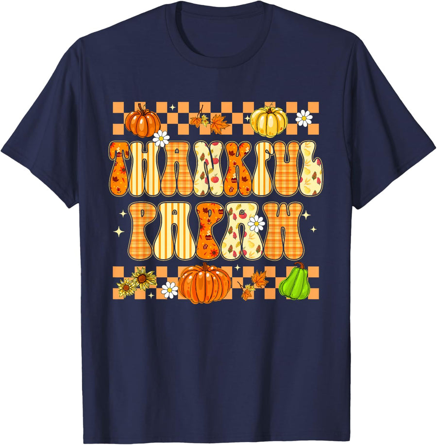 Retro Groovy Thanksgiving Fall Thankful Papaw T-Shirt - Navy Blue