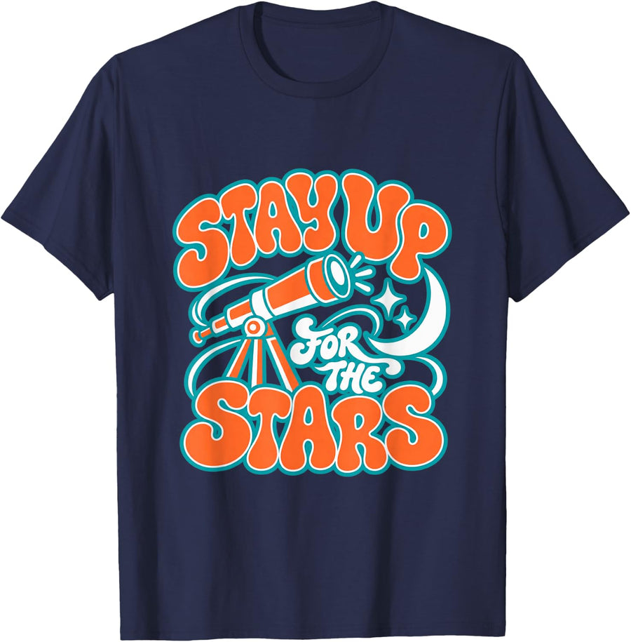 Stay Up for The Stars Retro Stargazing Astronomy T-Shirt - Navy Blue