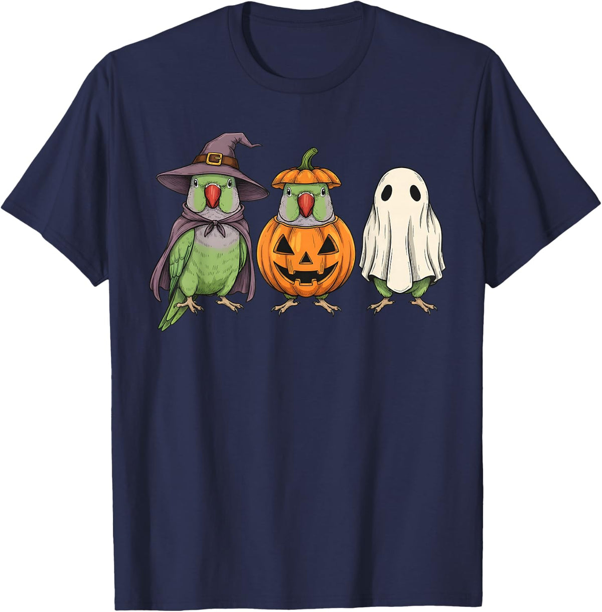 Spooky Ghost Indian Ringneck Parrot Lover Pumpkin Halloween T-Shirt - Navy Blue