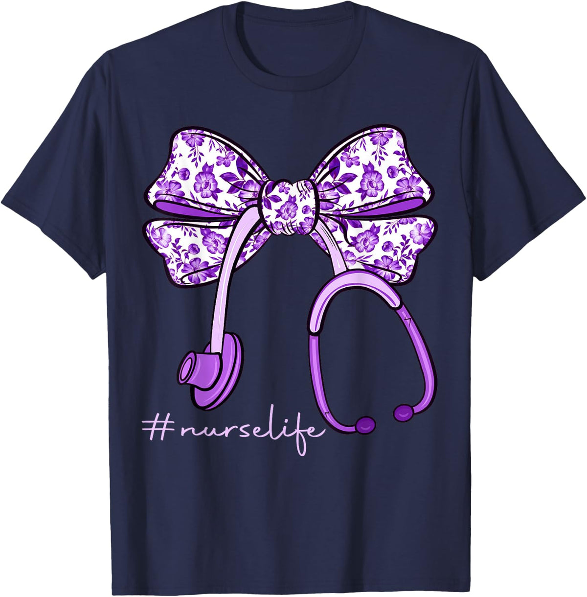 Nurse Life Purple Stethoscope Bow Nursing Nurse Week Womens T-Shirt - Navy Blue