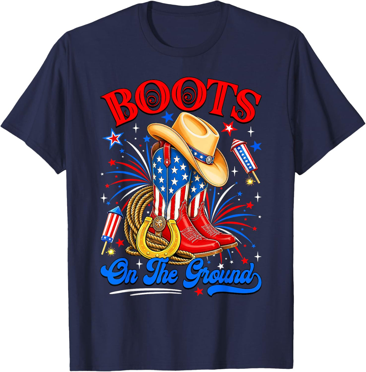 Boots On The Ground 4th of July USA Flag Western Cowgirl T-Shirt - Navy Blue