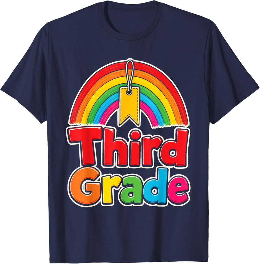 3rd Grade Third Rainbow Banner Elementary First Day Kids T-Shirt - Navy Blue