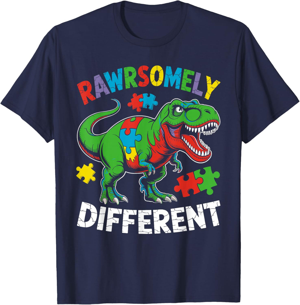 Rawrsomely Different Dinousaur Autism Awareness Puzzle T-Shirt - Navy Blue