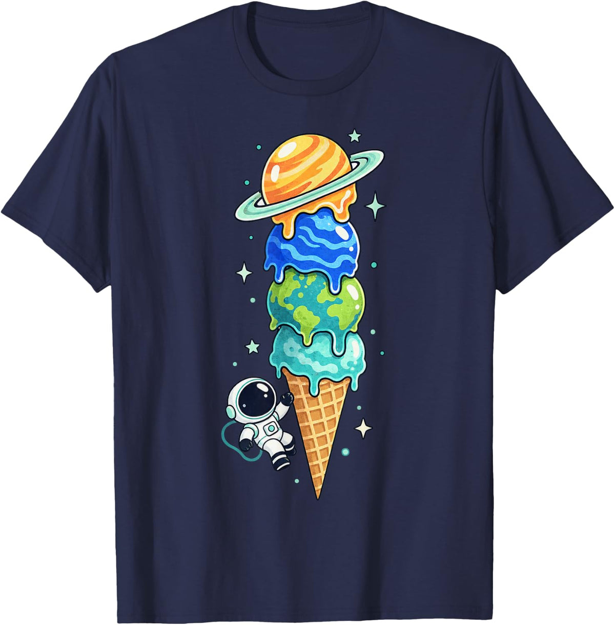 Astronaut Ice Cream Cone Planet Scoops Space Dessert T-Shirt - Navy Blue