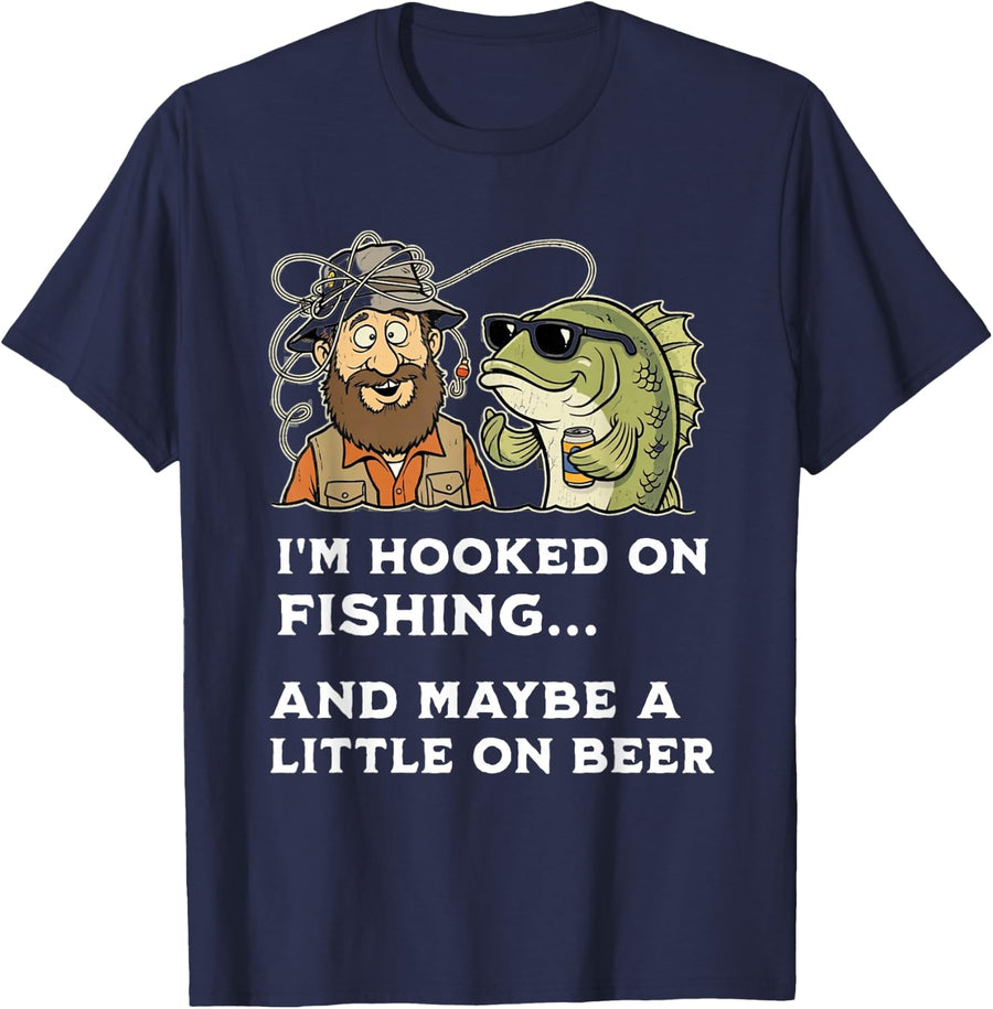 Funny Fishermen Graphic for Men Hooked on Fishing Beer Humor T-Shirt - Navy Blue