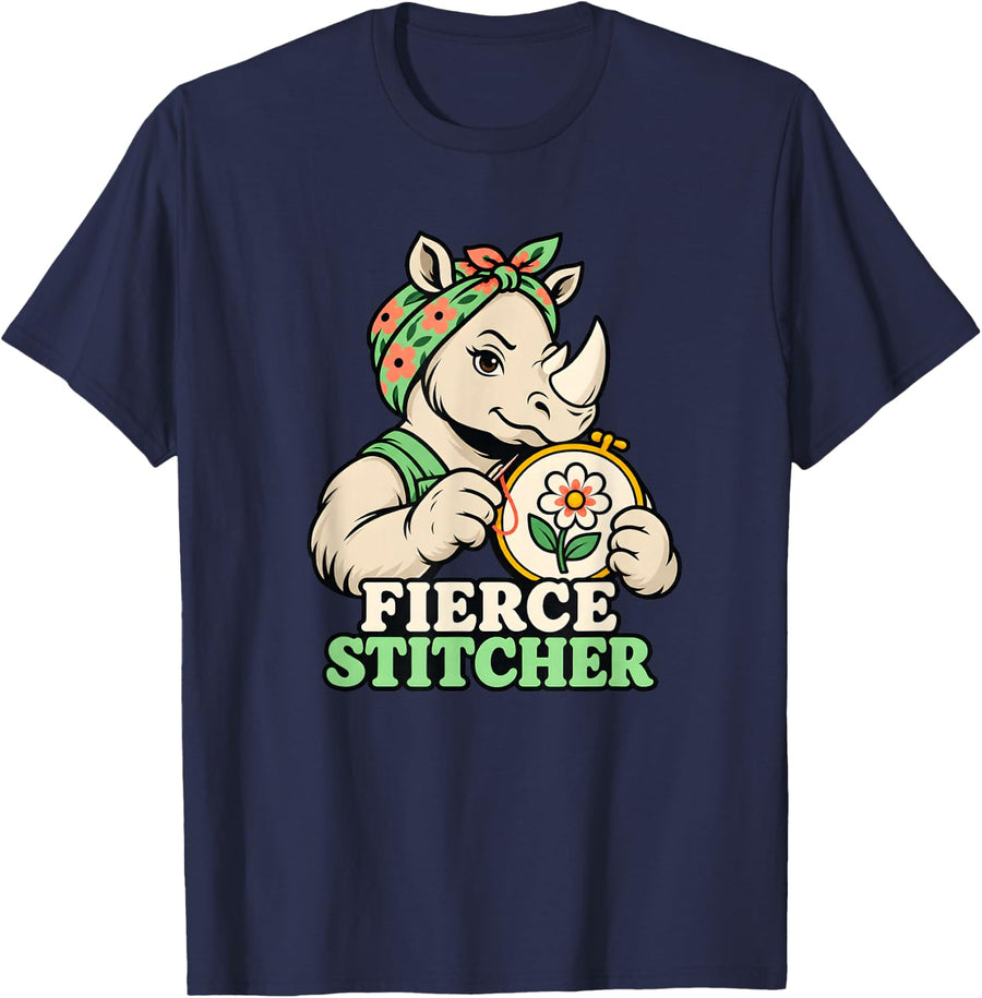 Fierce Stitcher Rhino for Embroidery Lovers T-Shirt - Navy Blue
