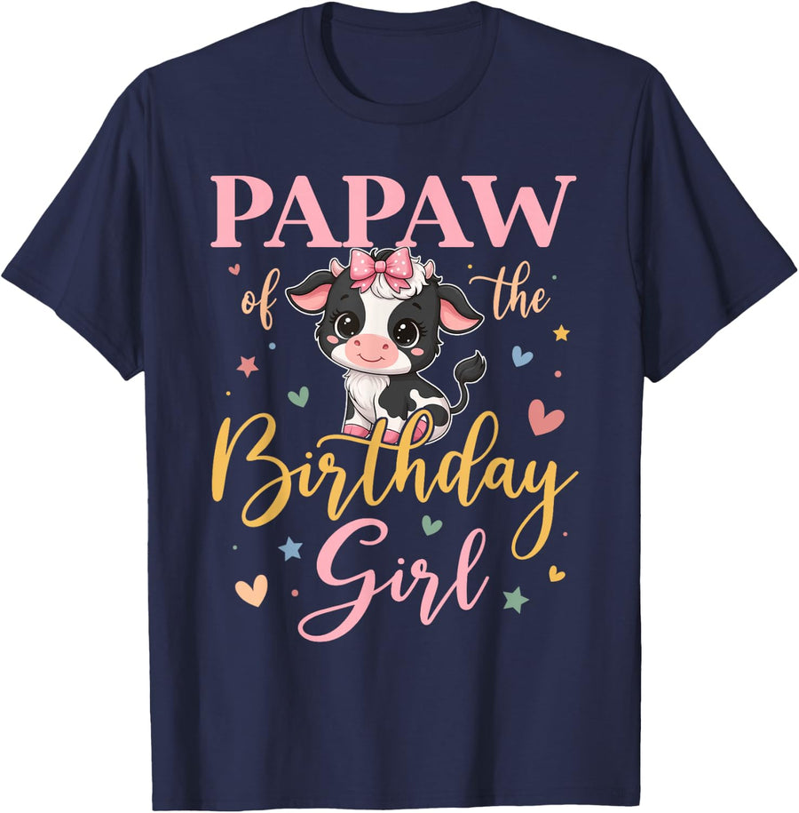 Papaw of The Birthday Girl Cow Farm Matching Family T-Shirt - Navy Blue