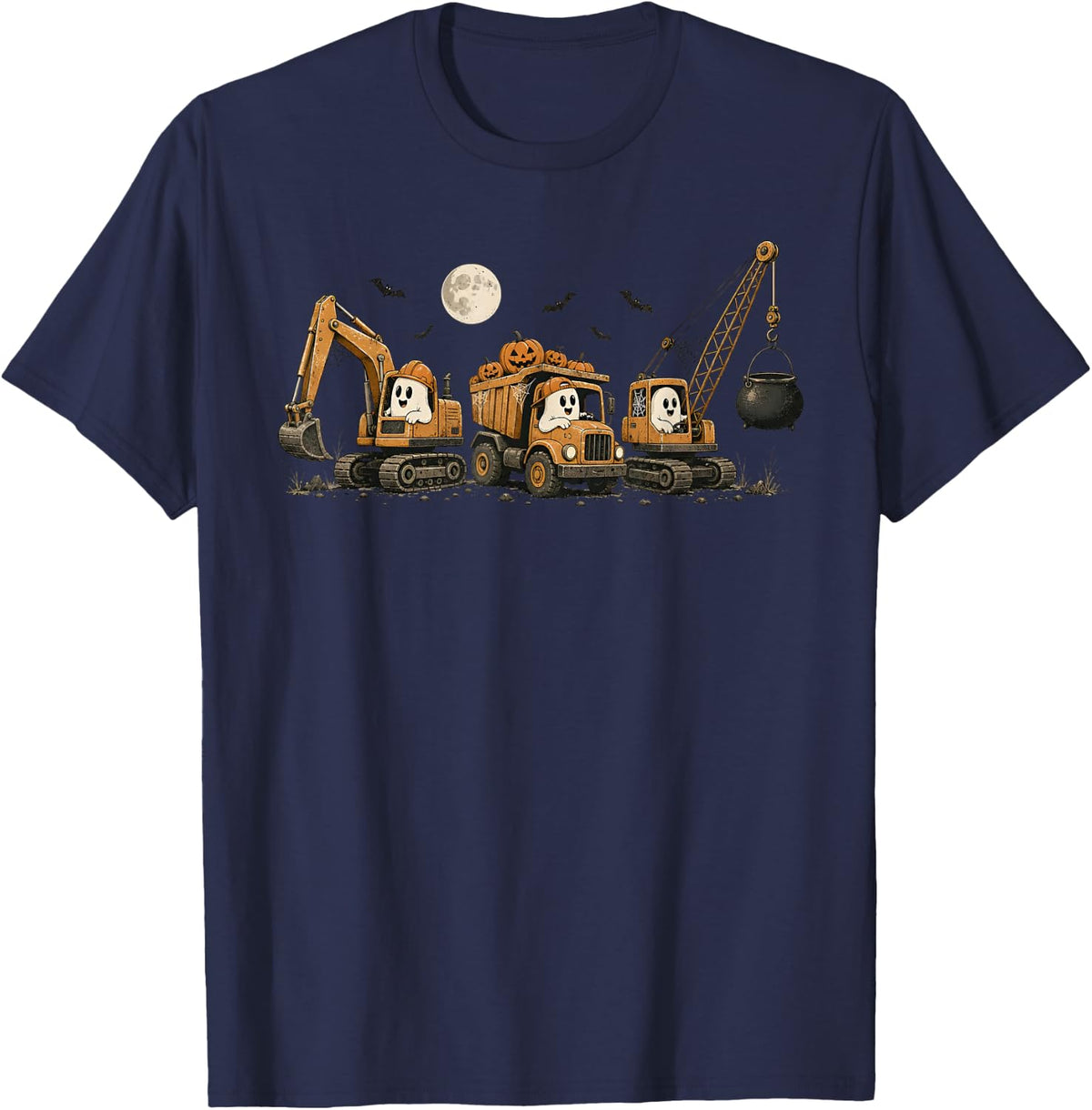 Construction Trucks Excavator Spooky Halloween Toddler Kids T-Shirt - Navy Blue