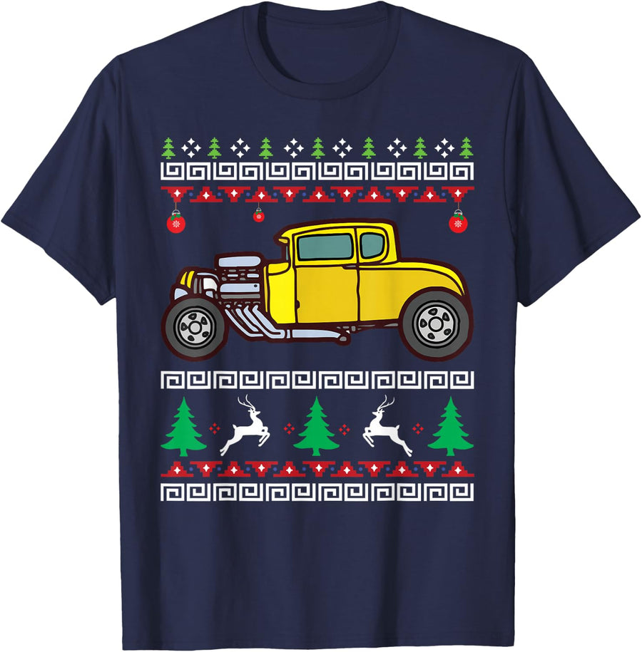 Rat Rod Ugly Christmas Sweater Style Hot. Rod Fans Xmas T-Shirt - Navy Blue
