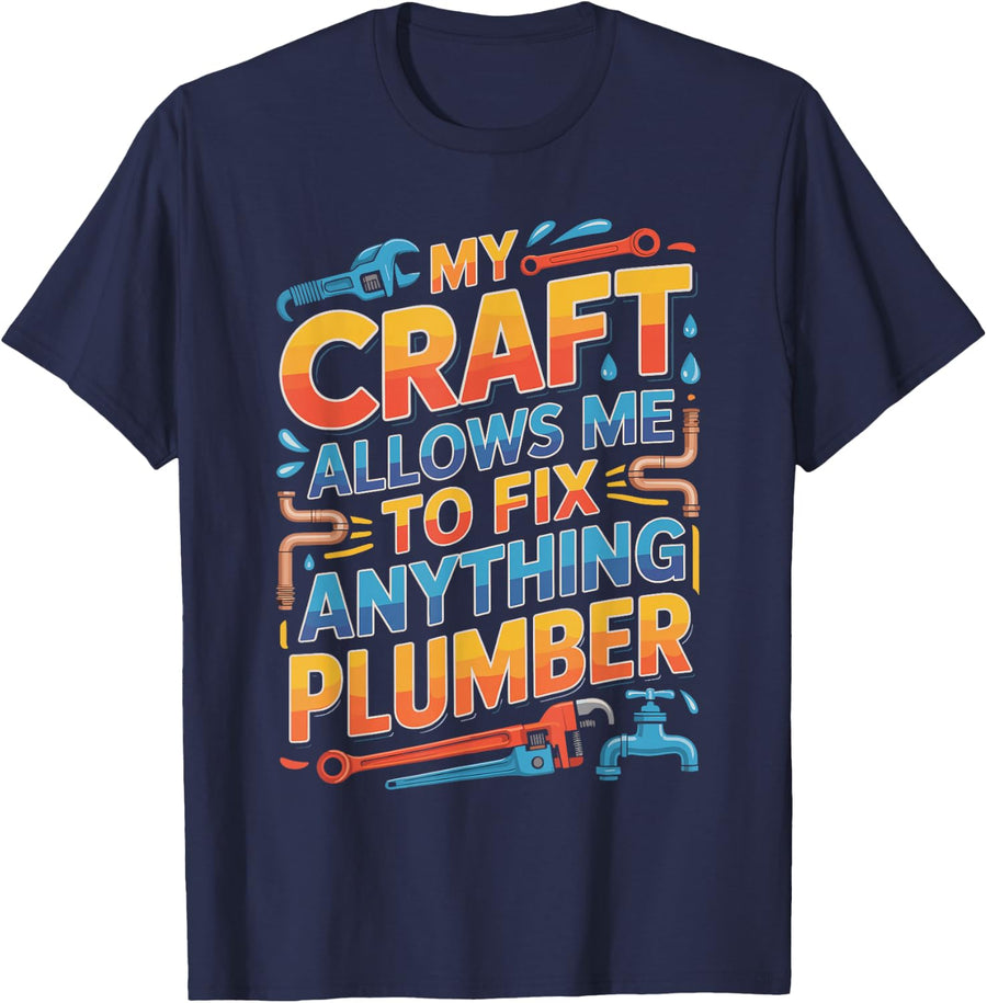 Plumber Skull and Tools Trade Pride Graphic T-Shirt - Navy Blue