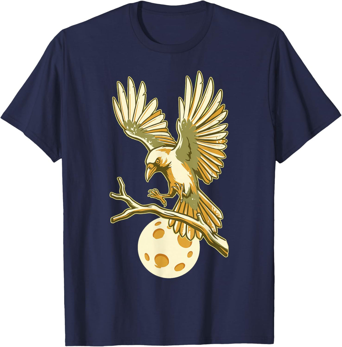 Raven On Moon Branch Funny Corvid Gothic Bird Lover Crow T-Shirt - Navy Blue