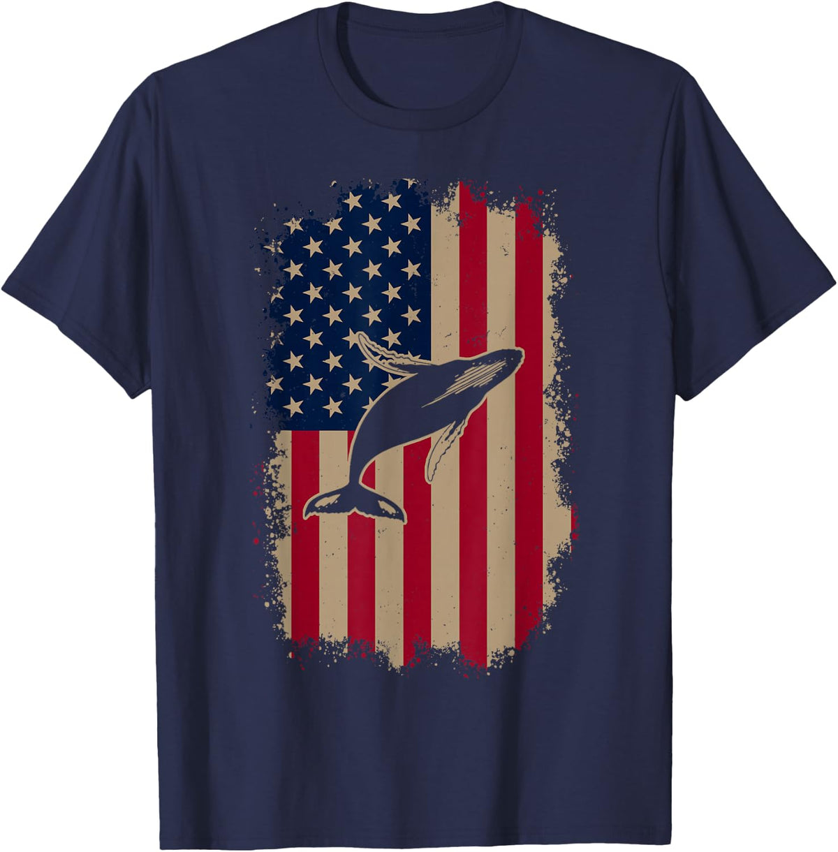 American US Flag Humpback Whale T-Shirt - Navy Blue