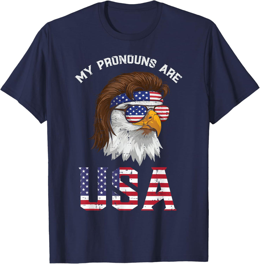 Mullet Eagle My Pronouns USA 4th Of July Men Women Kids T-Shirt - Navy Blue