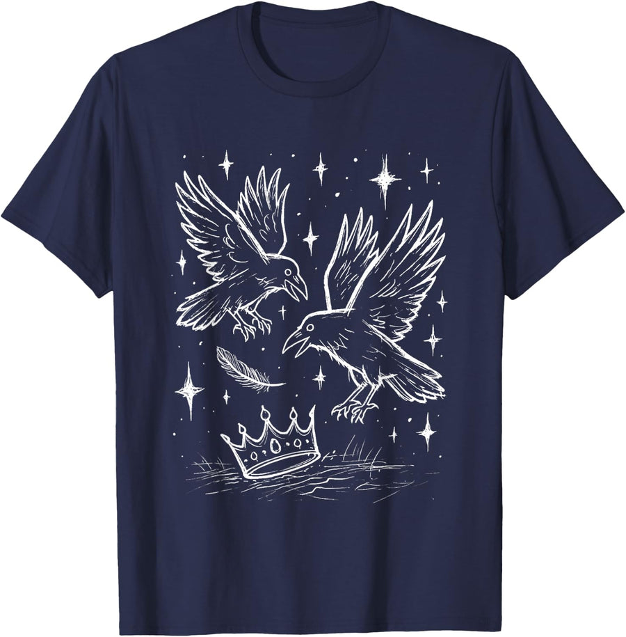 Raven Crow Crown Gothic Corvid Lover Birds Dark Academia T-Shirt - Navy Blue