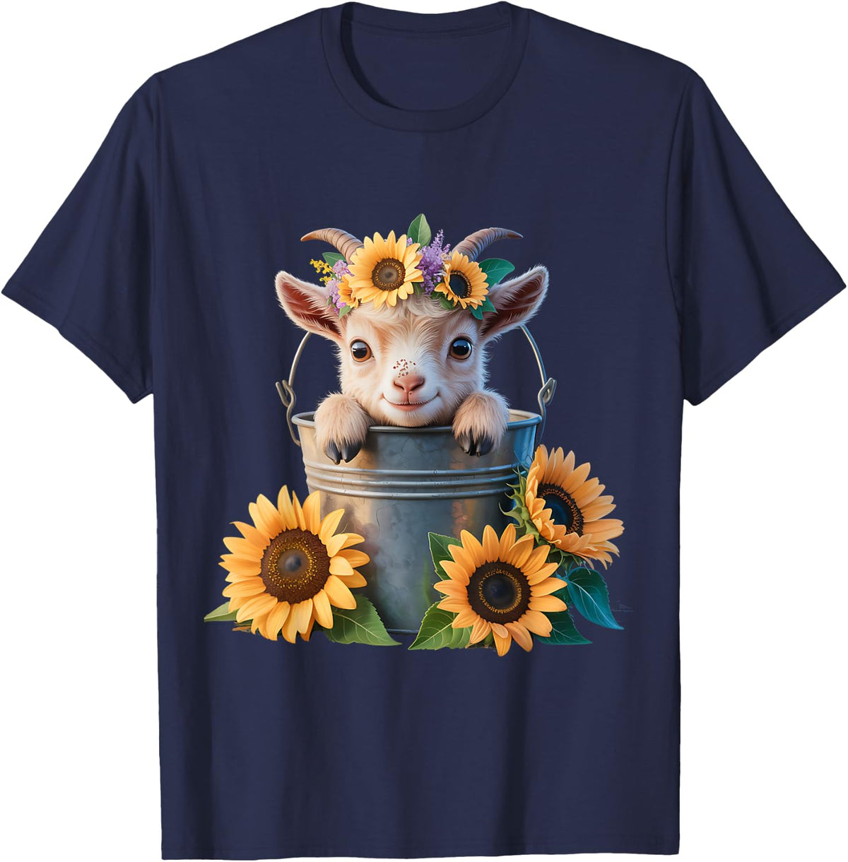 Cute Baby Goat Sunflowers In Bucket Calf Farm Design T-Shirt - Navy Blue