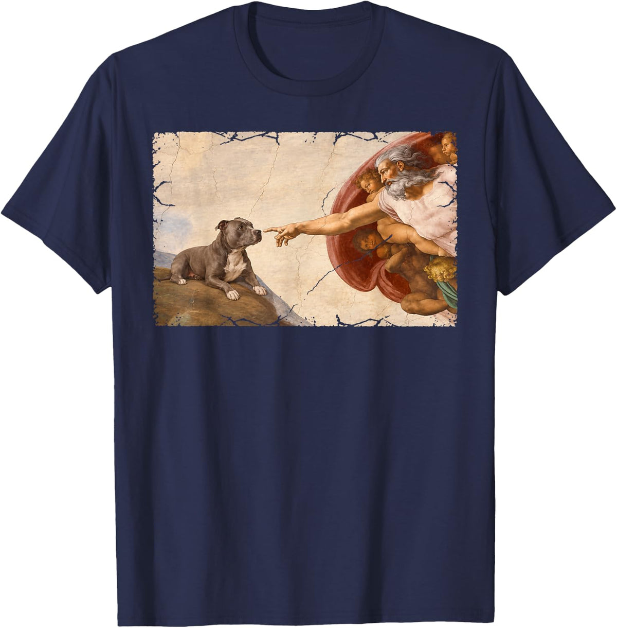 The Creation of Pitbull Funny Michelangelo Dog Meme Design T-Shirt - Navy Blue